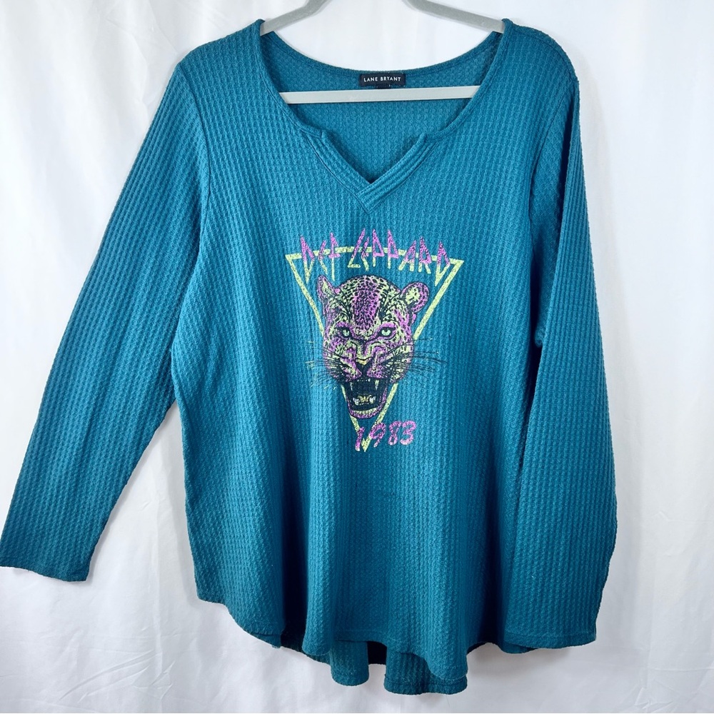 Lane Bryant Def Leppard 1983 Graphic Waffle Knit Top Teal Long Sleeve Plus 18/20